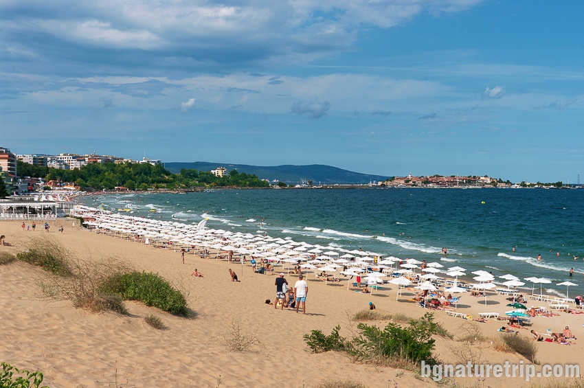 The beach of Nessebar - the eastern end where is the area with umbrellas and sunbeds