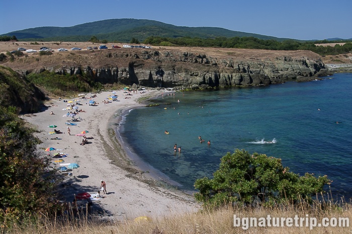 View of the north of Varvara's beach. Actually, this photo was taken in 2009, and at that time the "Wake Up Varvara" bar had not yet been built. The northern end of the beach where "The Rock" lays.